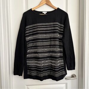 J. Jill Wool Blend Sweater Womens Black Striped Pullover Embroidered Knit Size M
